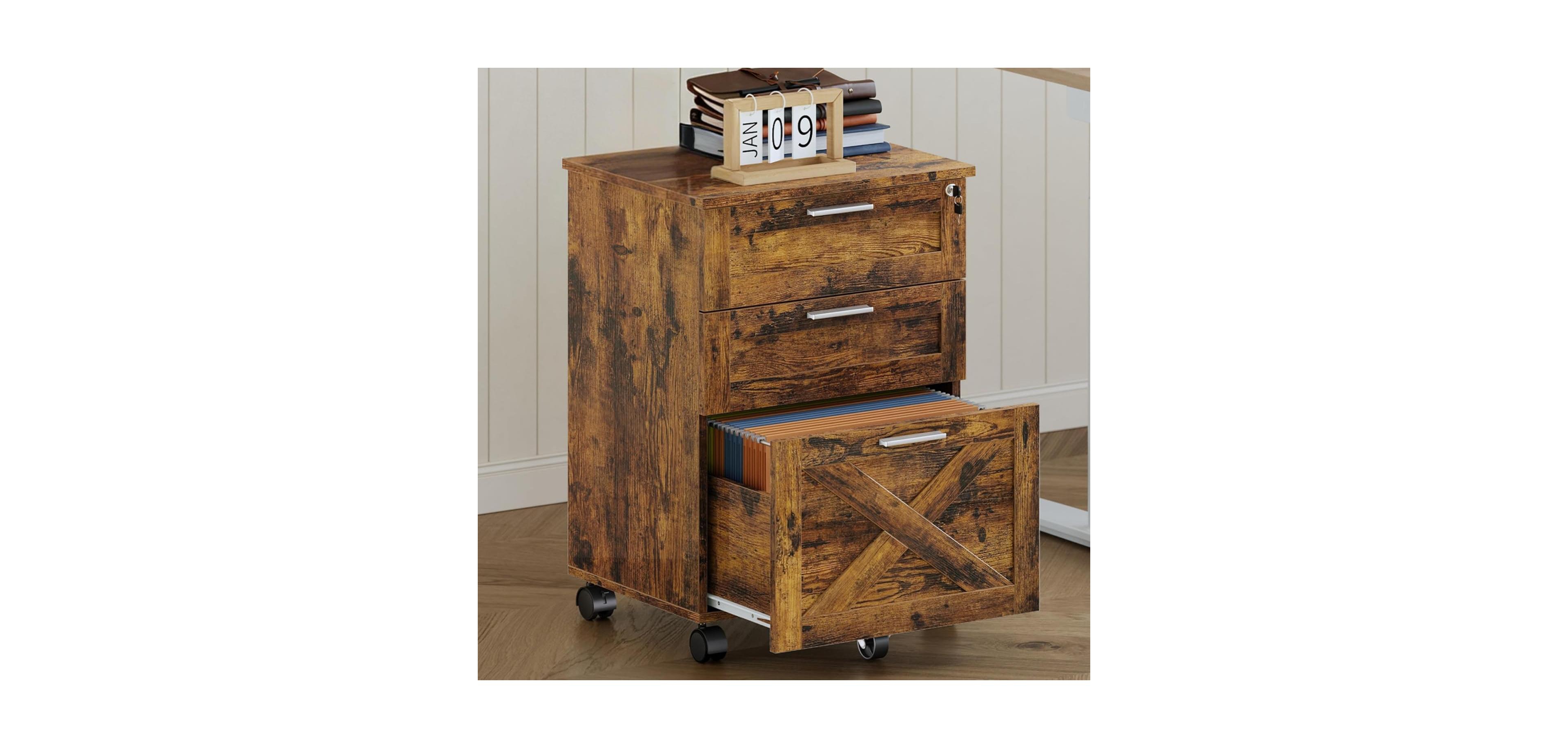 gaomon 3-Drawer Rolling File Cabinet with Lock, Wooden Mobile Filing Cabinet for Home Office & Under Desk Storage, Rustic Brown
