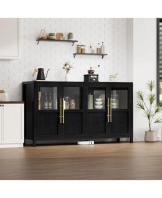 55" Buffet Cabinet with 4 Glass Doors, Modern Farmhouse Sideboard with Storage, Black