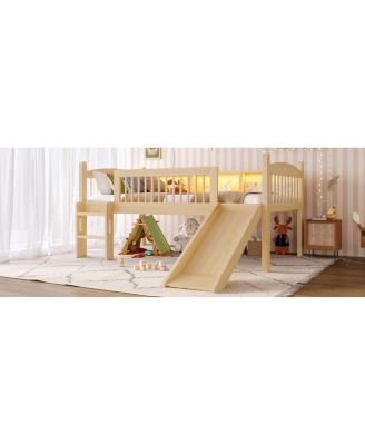 Loft Bed with Storage Shelves, Solid Wood, LED Lights, Guardrails