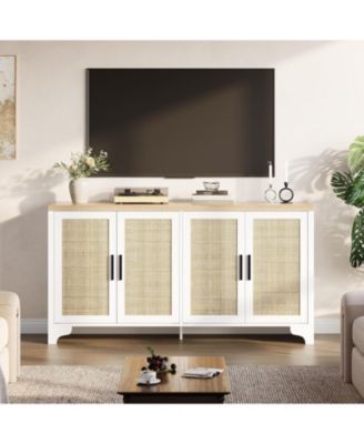 4-Door Boho Sideboard Buffet Cabinet, Rattan Storage Console for Dining Room, Living Room, Kitchen