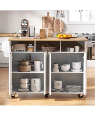 Streamdale  Furniture 55.5" Fluted Kitchen Island with 2 Drop Leaf, Storage Cart, Power Outlet, 4 Doors, Spice Rack, Rolling Table