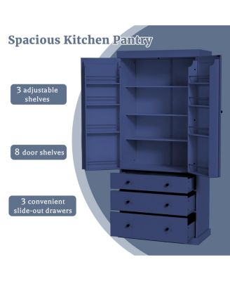 Farmhouse Kitchen Pantry Cabinet with 3 Adjustable Shelves, 8 Door Shelves, 3 Drawers