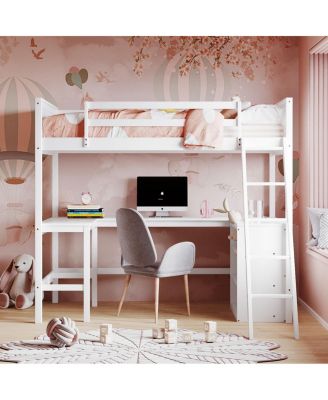 Twin size Loft Bed with Shelves and Desk, Wooden Loft Bed with Desk