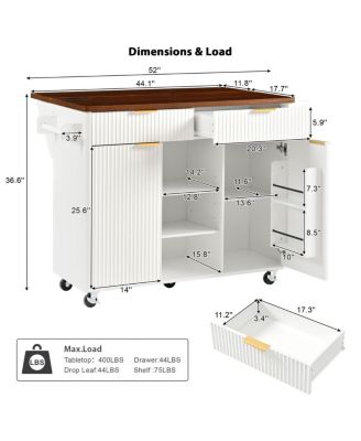 Streamdale 52" Fluted Kitchen Island with Drop Leaf, Power Outlet & Storage Cart