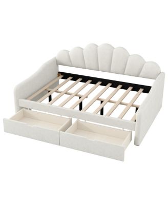 Full Size Upholstery Daybed with Scalloped Backrest and 2 Drawers