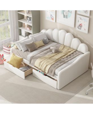Full Size Upholstery Daybed with Scalloped Backrest and 2 Drawers
