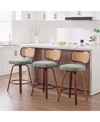  Set of 3, 26-Inch Counter Height Bar Stools - Walnut Black, Cane Rattan, Green Linen Seat