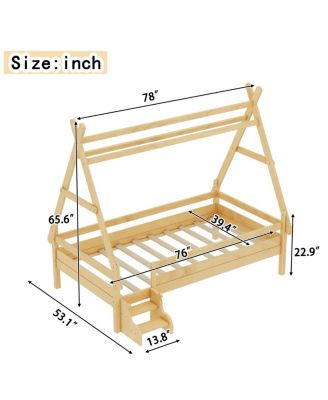 Twin House Platform Bed with Stairs, Solid Wood Twin Bed Frame, Low Profile
