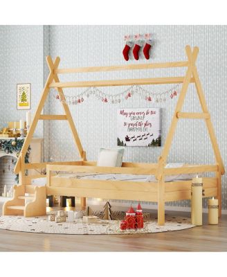 Twin House Platform Bed with Stairs, Solid Wood Twin Bed Frame, Low Profile