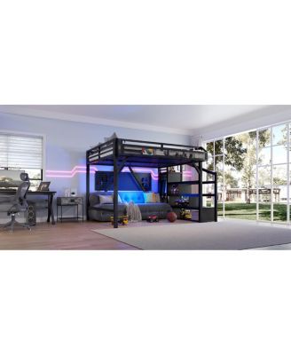  Queen Loft Bed with Storage Stairs, Shelves, Wardrobe, USB, LED, Black Woodgrain