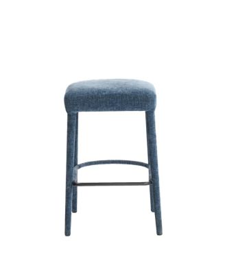 Backless Blue Upholstered Fabric Bar Stool with Padded Seat & Footrest