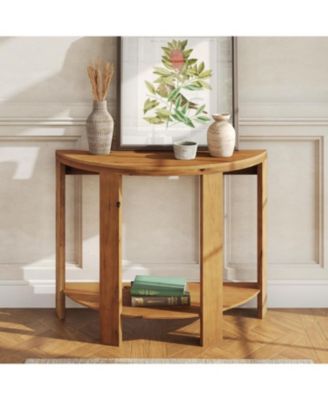 Solid Wood Half-Moon Console Table for Entryway, 41.3" Farmhouse Small Hallway Entry Accent Table with 2-Tier Storage