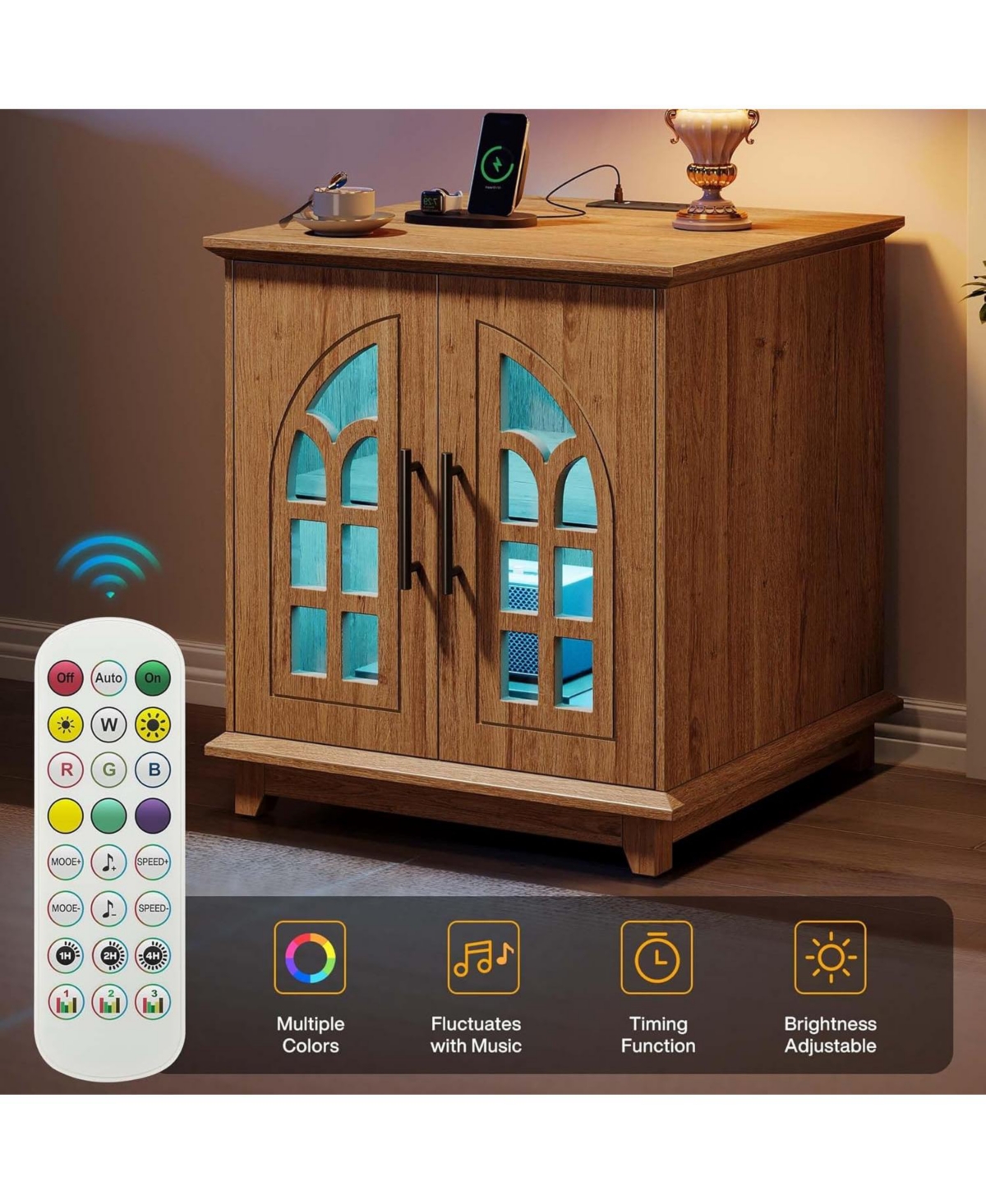 Tribesigns Large End Table with Charging Station & Led Light, 23.6" Square Sofa Side Table with Storage, Wooden Nightstand with Outlet