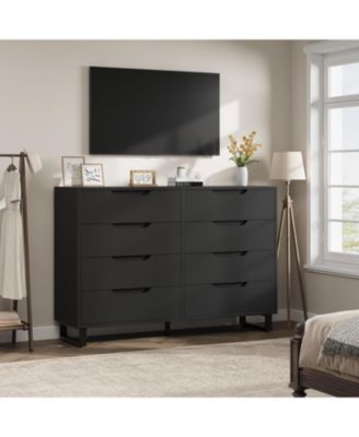 Farmhouse TV Stand with 8 Drawers, 55" Wide Entertainment Center for TVs up to 75 Inch with Metal Legs, Black