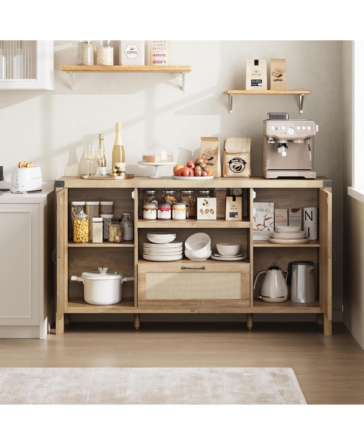 gaomon 59" Sideboard Buffet Cabinet with Drawer, Farmhouse Coffee Bar with Open Shelves