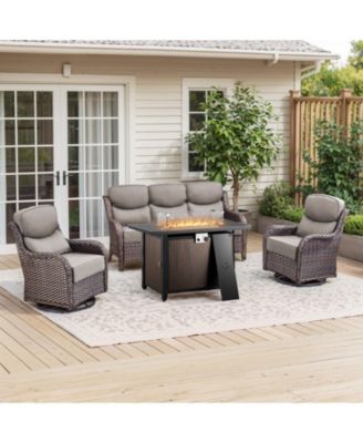 Crescent Brown Wicker Fire Pit Conversation Set with Olefin 6 In. Thick Cushions Patio Swivel Chairs (5-Piece)