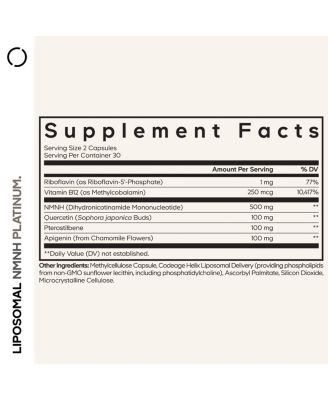 Liposomal NMNH Platinum - 500 mg NMNH Supplement, NAD+ Precursor with Quercetin, Pterostilbene, Apigenin, 60 Capsules