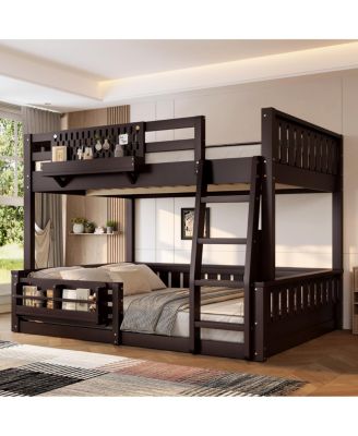 Full XL over Queen Bunk Bed with Ladder, Guardrails, Pegboard & Bookshelf, Espresso