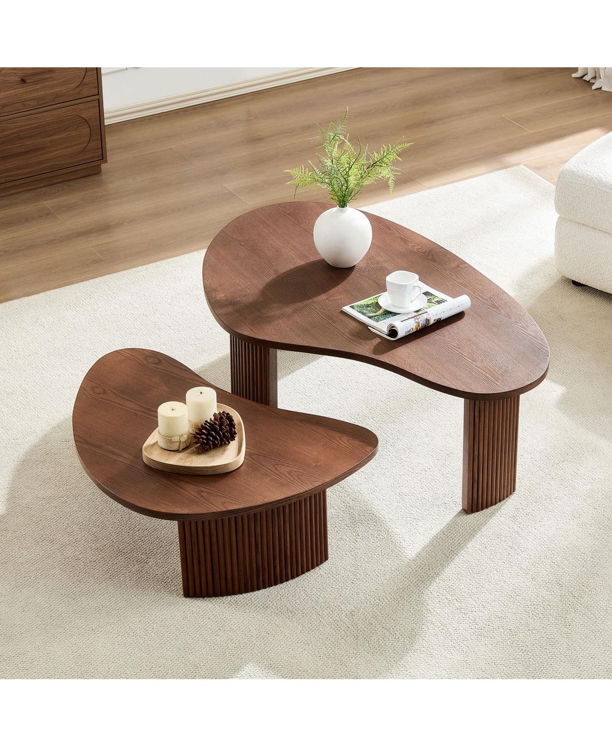 Streamdale Furniture Modern Irregular Shape 2-Piece Coffee Table Set, Walnut Color