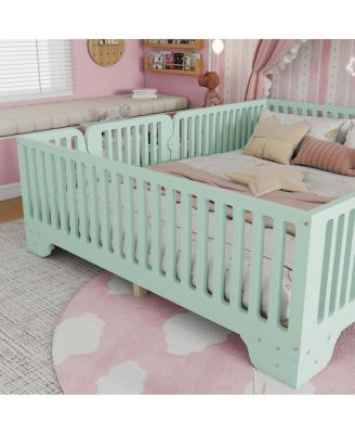 Full Montessori Floor Bed with Fence and Door, Mint Green