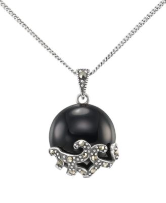 Marcasite (0.13 ct. t.w.) and Onyx (4-1/2 ct. t.w.) Pendant Necklace in Sterling Silver