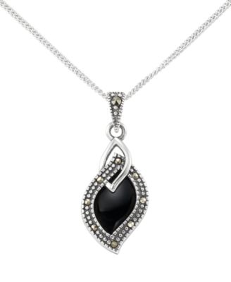 Marcasite (0.07 ct. t.w.) and Onyx (1 ct. t.w.) Teardrop Pendant Necklace in Sterling Silver