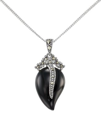 Marcasite (0.12 ct. t.w.) and Onyx (5 ct. t.w.) Pendant Necklace in Sterling Silver
