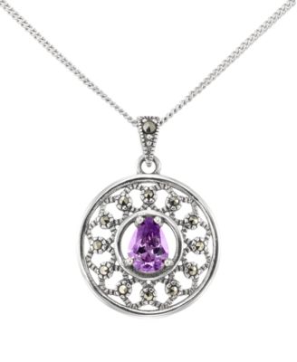 Marcasite (0.13 ct. t.w.) and Amethyst (1/2 ct. t.w.) Round Pendant Necklace in Sterling Silver