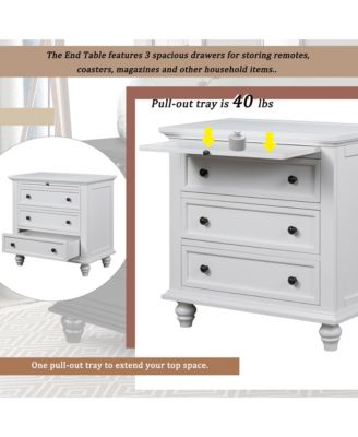 28'' Wood Nightstand, Bedside Cabinet with 3 Storage Drawers and Pull-out Tray, Bedside Accent Table for Bedroom and Office (White)