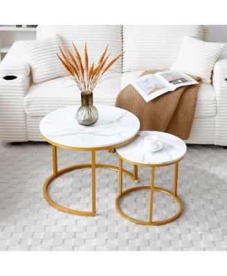 Set of 2 Round Nesting Coffee Tables with Golden Frame