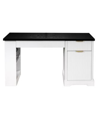 55" Modern Fluted Office Desk with Storage, Drawers, Power Outlet & Keyboard Tray
