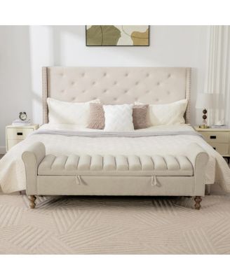  Modern Upholstered Storage Bench with Rolled Armrest, Griege