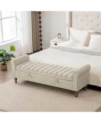  Modern Upholstered Storage Bench with Rolled Armrest, Griege