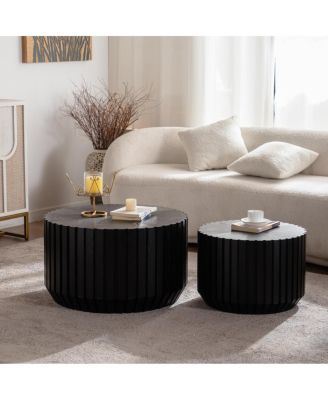 Set of 2 Black Fluted Coffee Table - Solid Wood & MDF Round Accent Tables
