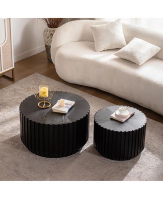 Set of 2 Black Fluted Coffee Table - Solid Wood & MDF Round Accent Tables