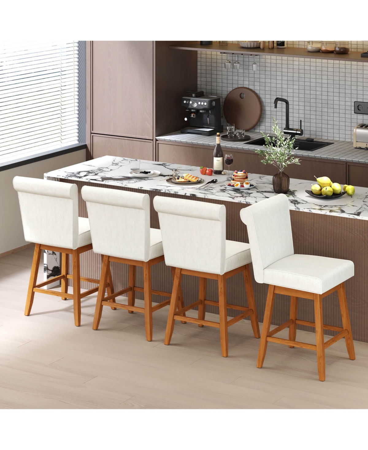 Costway 27" Swivel Bar Stools with Rubber Wood Legs Upholstered Linen Bar Chairs