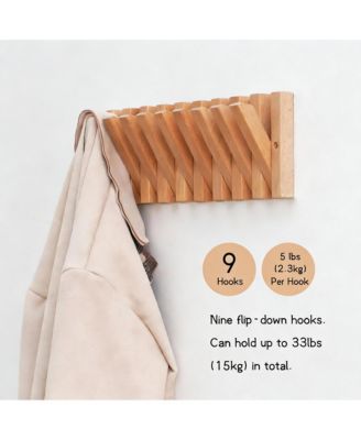 Solid Wood 9-Hook Retractable Coat Rack for Entryways
