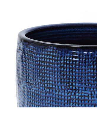12-Inch Round Ceramic Planter, Deep Blue Glaze with Basket Texture