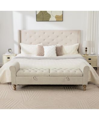 65.75" Wide Modern Upholstered Storage Bench with Double Lids & Rolled Armrest