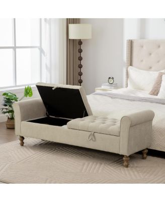 65.75" Wide Modern Upholstered Storage Bench with Double Lids & Rolled Armrest
