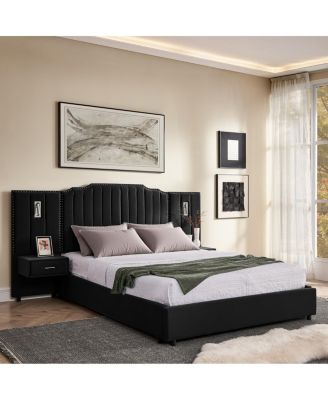 Queen Size Velvet Upholstered Bed Frame with Vertical Stripes
