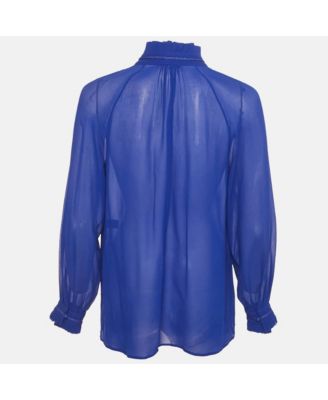 Women's Blue Silk Tassel Detailed Sheer Blouse