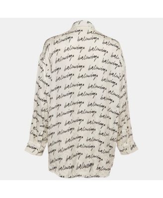 Women's White Logo Scribble Print Silk Loose Fit Shirt