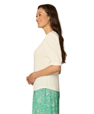 Petite Elbow Puff Sleeve Mandarin Collar Knit Top