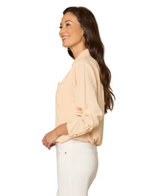 Petite Smocked Collar Bubble-Hem Striped Collared Shirt