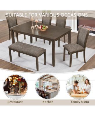 6-Piece Farmhouse Rustic Dining Table Set with Bench and Chairs, Dark Walnut