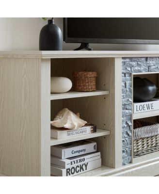Large TV Desk Storage Rack with Faux Stacked Stone Surround, White, 70.12"W15.35"D25.83"H
