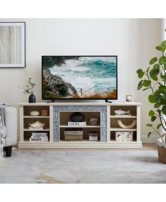 Large TV Desk Storage Rack with Faux Stacked Stone Surround, White, 70.12"W15.35"D25.83"H