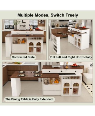  Kitchen Island with Extendable Rotating Table, Walnut Veneer, 4 Drawers, Glass Cabinets