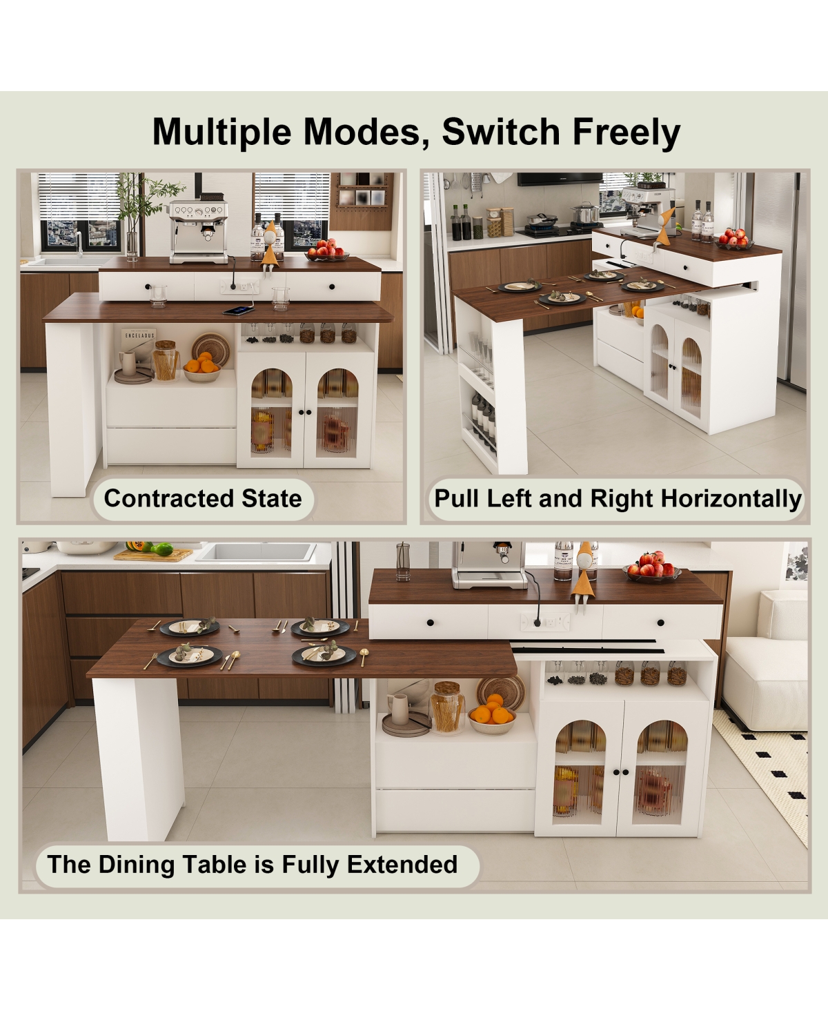 Streamdale Furniture Kitchen Island with Extendable Rotating Table, Walnut Veneer, 4 Drawers, Glass Cabinets